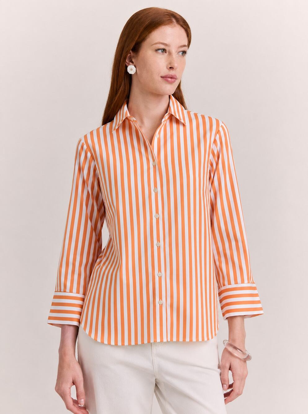 Hinson Wu Striped Button up Poplin 3/4 Sleeve Shirt Tangerine Small Coastal